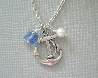 Anchor Necklace Nautical Necklace Silver Anchor Beach Pendant with Pearl and Blue Sea Bead - Anchors Away