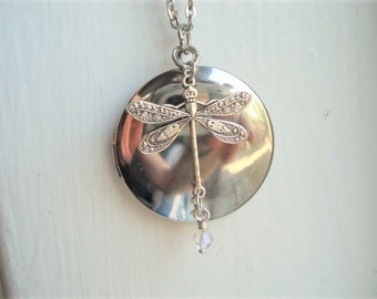 Dragonfly Locket Necklace Silver Dragonfly Pendant Dragonfly Jewelry