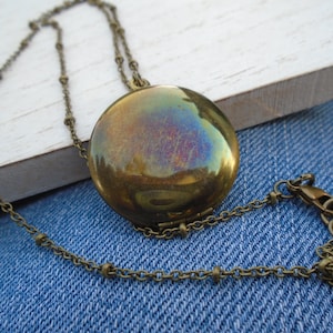 Vintage Brass Locket on Satellite Chain Round Brass Locket Gift for Her Keepsake Necklace Oxidized Dark Locket
