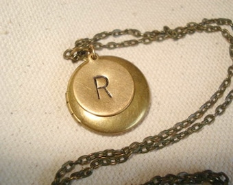 Initial Locket Necklace: Round Brass Pendant, Personalized Monogram