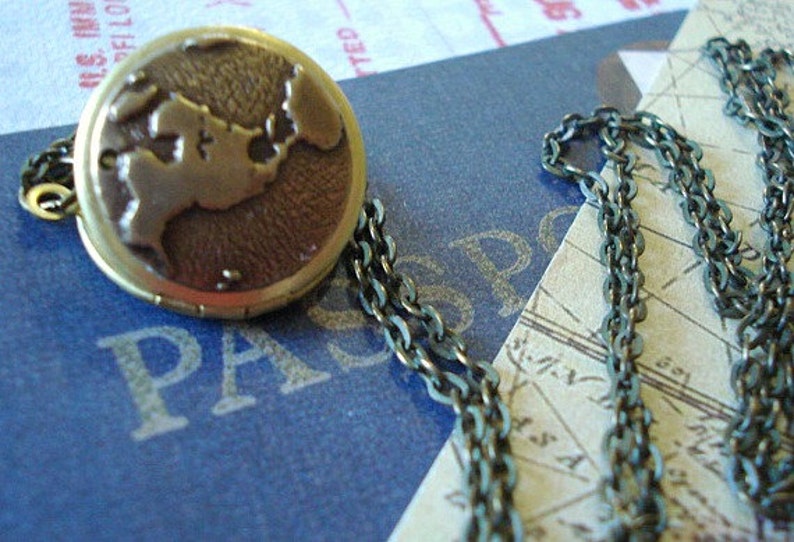 World Locket Necklace Vintage Locket Necklace Travel Locket Brass Globe Map Locket Earth Round Locket Globe Map Long Brass Chain Jewelry image 2