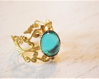 Blue Green Glass Cabochon Ring Gold Brass Filigree Adjustable Ring