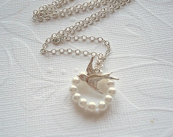 Circle Beaded Pearl Necklace Silver Bird Necklace with Pearl Ring Bird Jewelry