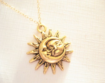 Gold Sun Necklace Moon Sun Pendant Sunshine Necklace Sun Moon Jewelry Goddess Celestial Necklace