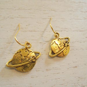 Gold Planet Earrings Around the World Earrings Antique Gold Planet World Airplane Around the World Earrings