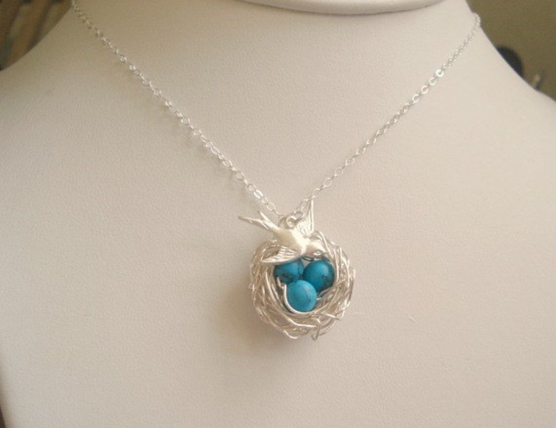 Bird Nest Necklace Mothers Day Gift Turquoise Necklace Mom Necklace Child Nest Necklace Robins Nest Bird Necklace Jewelry Bird Jewelry image 3