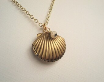 Gold Scalloped Seashell Locket Necklace with Pearl