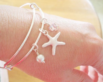 Starfish Bangle Bracelet Silver Starfish Bracelet Beach Wedding Beach Bangle Bracelet Beach Jewelry Adjustable Bangle