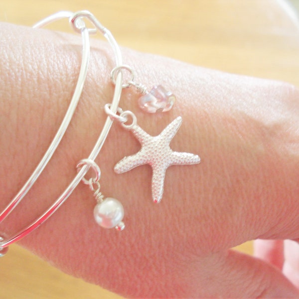 Starfish Bangle Bracelet Silver Starfish Bracelet Beach Wedding Beach Bangle Bracelet Beach Jewelry Adjustable Bangle