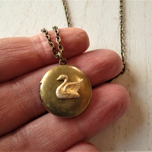 Swan Locket Necklace Brass Antiqued Round Swan Necklace Swan Jewelry image 5