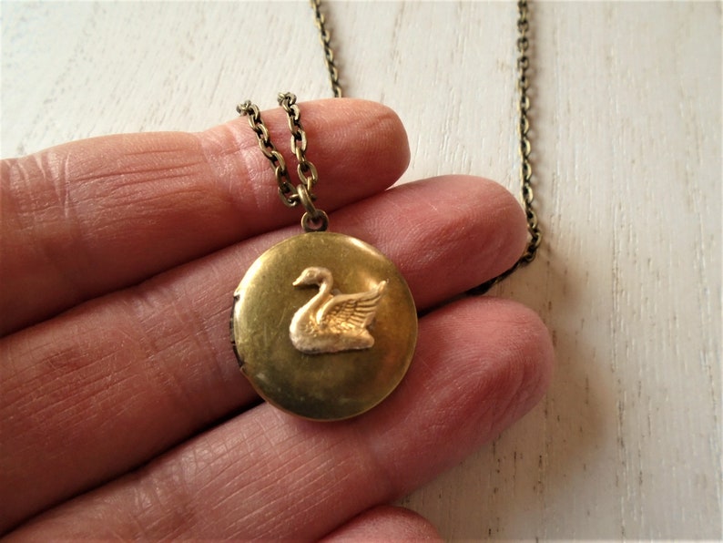 Swan Locket Necklace Brass Antiqued Round Swan Necklace Swan Jewelry image 5