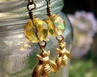 Gold Bee Earrings Yellow Beaded Bee Dangle Earrings  HoneyBee Jewelry