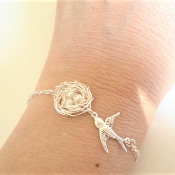 Bird Nest Bracelet Silver Birdnest with Pearl Bracelet Bird Nest Jewelry