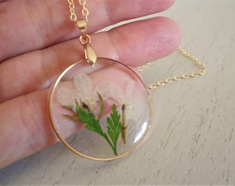 Pressed Flower Necklace Gold Rimmed White Fern Flower Pendant Gold Chain Necklace Jewelry