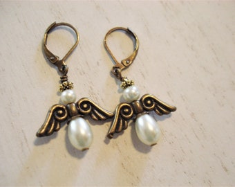 Angel Earrings Brass Angels with Pearls Angel Wing Earrings Angel Jewelry Dangle Angels