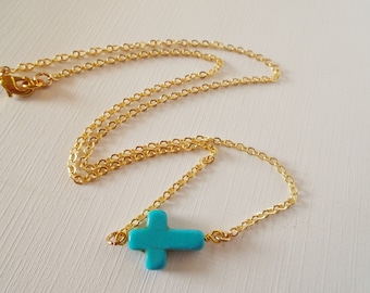 Turquoise Gold Sideways Cross Necklace Gold Chain Turquoise Cross Necklace Statement Necklace Pendant Jewelry