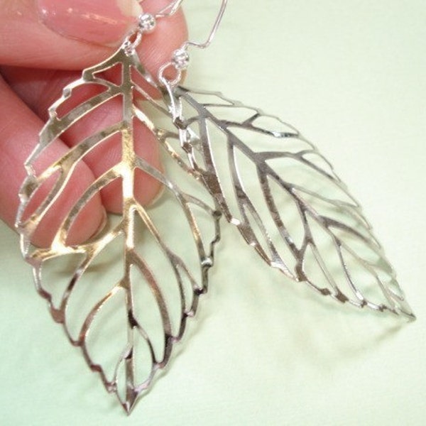 Silver Leaf Earrings Filigree Leaf Earrings Jewelry Large Leaf Earrings