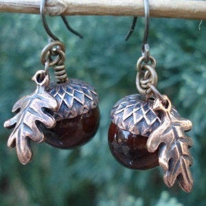 Acorn Earrings Acorn Jewelry Copper Acorn Earrings Rustic Acorn Oak Leaf Earrings Jewelry image 2