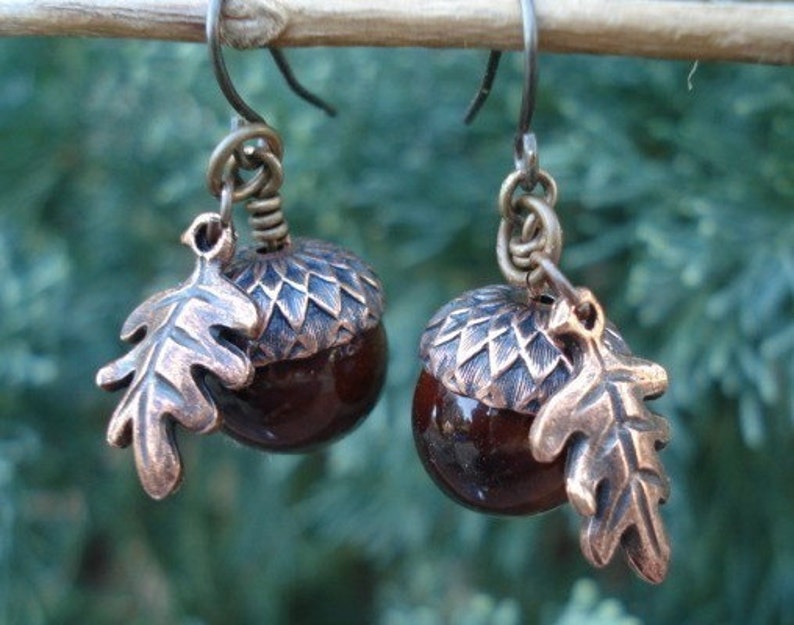 Acorn Earrings Acorn Jewelry Copper Acorn Earrings Rustic Acorn Oak Leaf Earrings Jewelry image 2
