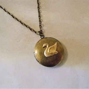 Swan Locket Necklace Brass Antiqued Round Swan Necklace Swan Jewelry image 8