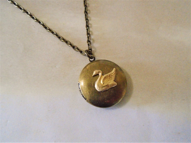 Swan Locket Necklace Brass Antiqued Round Swan Necklace Swan Jewelry image 8