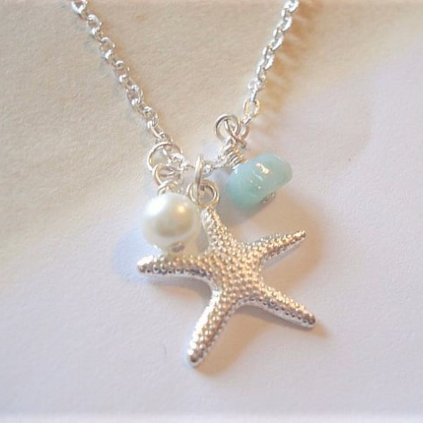 Starfish Necklace Silver Starfish Pendant Bridesmaid Gift Pearl Necklace Beach Jewelry