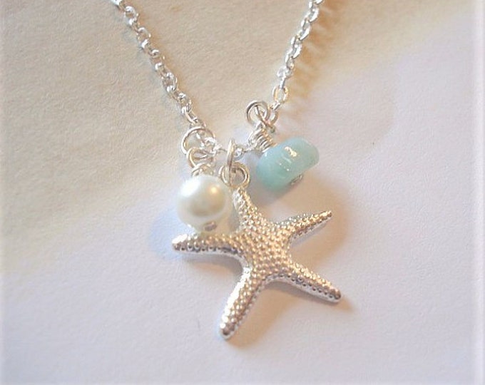 Starfish Necklace Silver Starfish Pendant Bridesmaid Gift Pearl Necklace Beach Jewelry