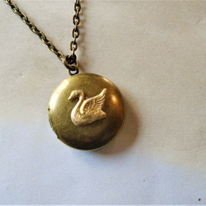 Swan Locket Necklace Brass Antiqued Round Swan Necklace Swan Jewelry image 1