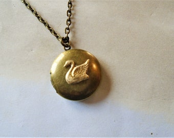 Swan Locket Necklace Brass Antiqued Round Swan Necklace Swan Jewelry