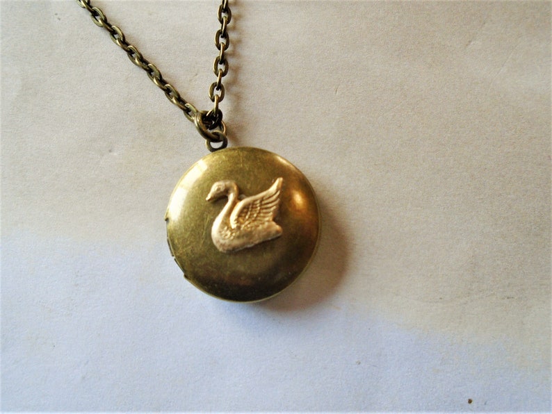 Swan Locket Necklace Brass Antiqued Round Swan Necklace Swan Jewelry image 1