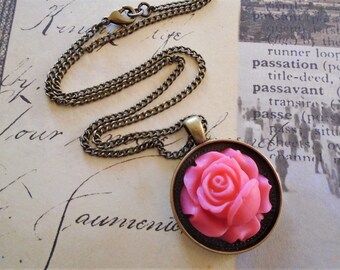 Pink Rose Pendant Necklace: Vintage Style Brass Flower, 18" Brass Chain