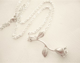 Silver Rose Necklace Long Stemmed Rose Pendant Silver Rose Charm Necklace Gift for Mom Rose Jewelry