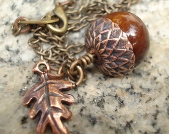Rustic Acorn Necklace: Copper Leaf Pendant, Brass Chain