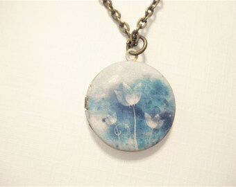 Lotus Flower Locket Brass Necklace, Keepsake Picture Jewelry