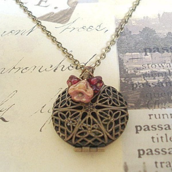 Filigree Brass Locket Necklace: Crimson Flowers, Photo Keepsake