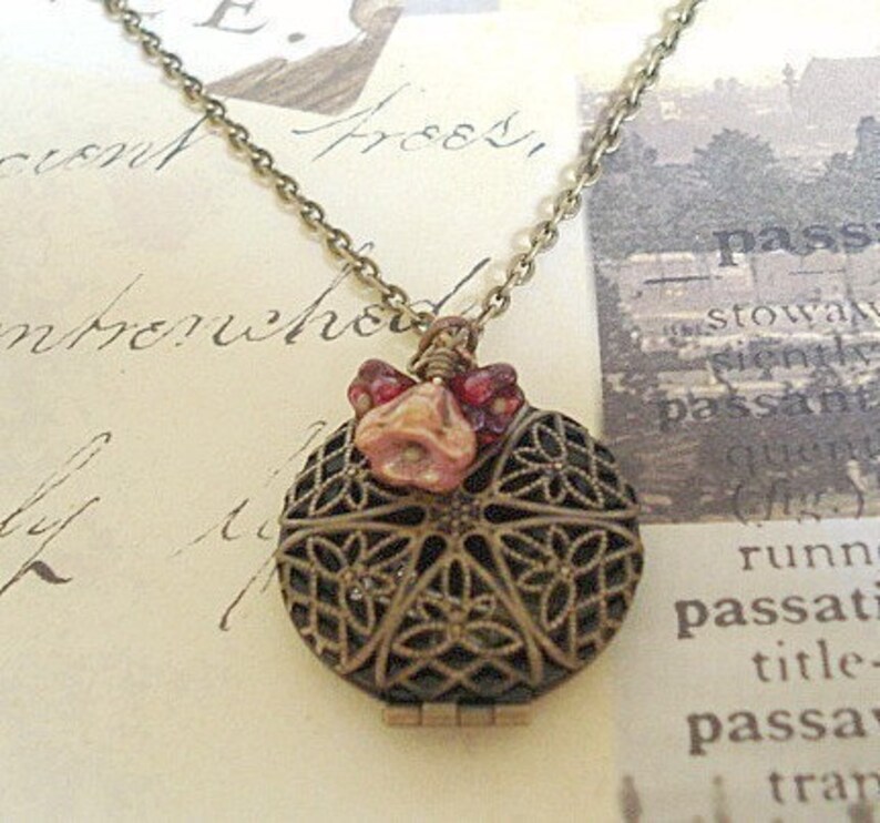 Brass Locket Necklace Photo Locket Round Filigree Brass Locket Diffuser Locket image 1