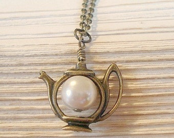 Teapot Necklace: Brass Tea Pot Pendant with Pearl - Alice in Wonderland Jewelry