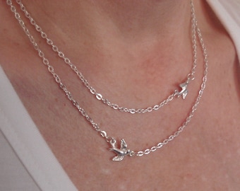 Bird Necklace Set of Two Layering Necklace Soaring Bird Pendants Bird Jewelry Silver Sparrow Necklace