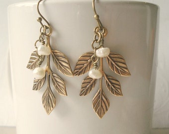 Pearl Leaf Earrings Brass Long Gold Leaf Earrings Bridesmaid Earrings Wedding Jewerly