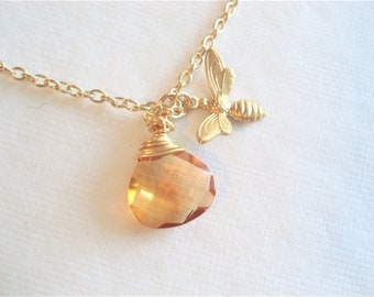 Gold Bee Necklace with Honey Topaz Pendant, Heart-Shaped Gemstone Jewelry