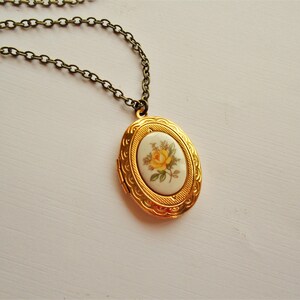 Yellow Rose Locket Gold Oval Locket Necklace Yellow Rose Cameo Limoge Locket Flower Locket Bridesmaids Jewelry image 5