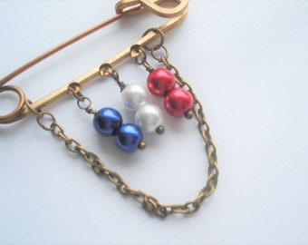 Brass Brooch Patriotic Jewelry Patriotic Pin Red White Blue Brooch