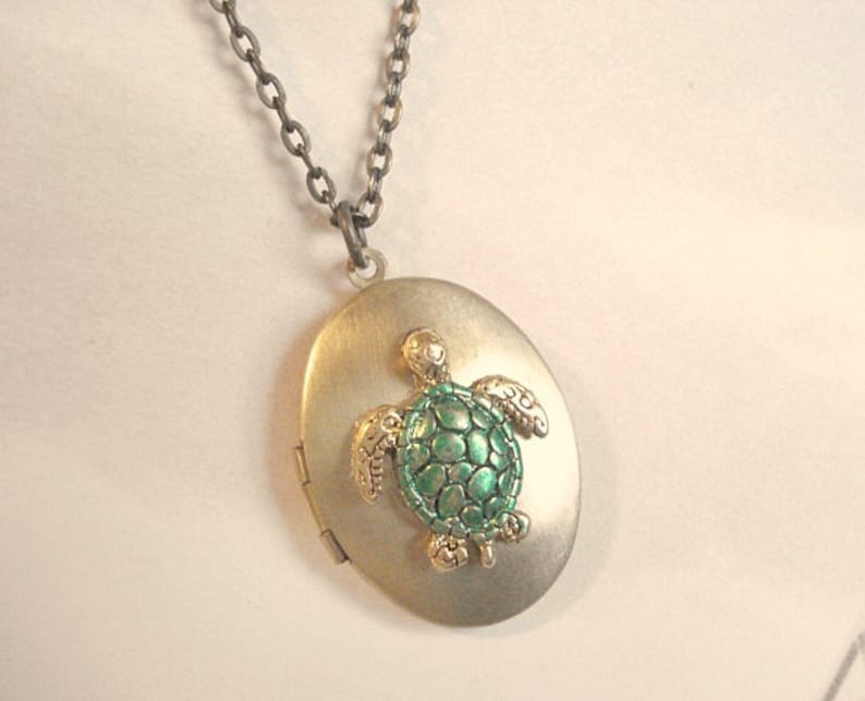 Turtle Locket Tortoise Necklace Brass Vintage Sea turtle Necklace Jewelry