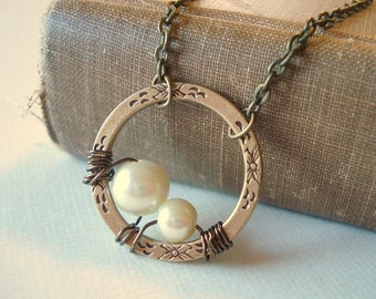 Pearl Ring Necklace Mommy and Me Necklace Brass Ring Necklace Ring Pendant Wire Wrapped Jewelry