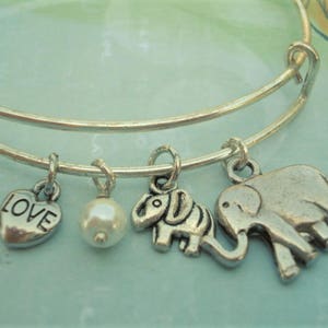 Elephant Bangle Silver Bracelet Elephant and Baby Elephant Jewelry