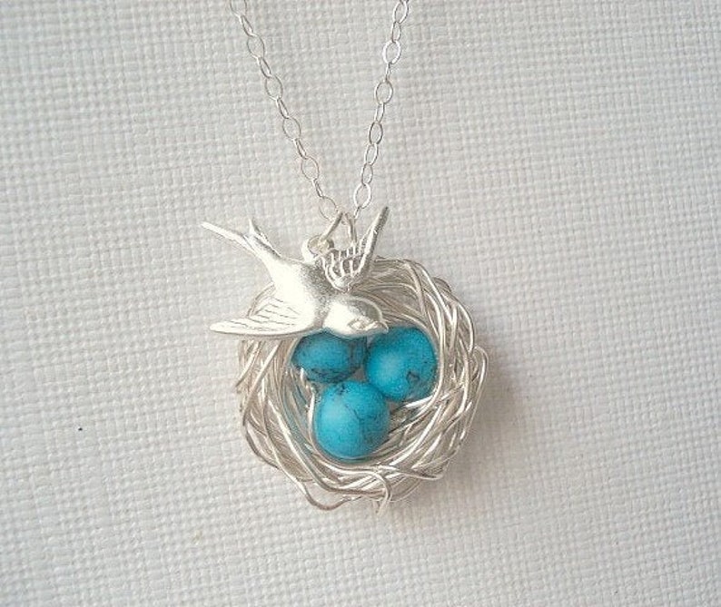 Bird Nest Necklace Mothers Day Gift Turquoise Necklace Mom Necklace Child Nest Necklace Robins Nest Bird Necklace Jewelry Bird Jewelry image 2