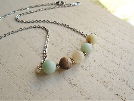 Amazonite Gemstone Beaded Necklace Green Bead Necklace with Silver Chain Light Green Bead Necklace Beach Jewelry