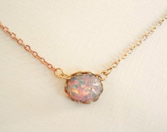 Opal Choker Necklace Pink Fire Opal Necklace Harlequin Vintage Glass Opal Necklace Rose Gold Filled Chain Opal Jewelry