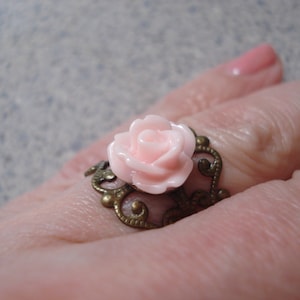 Pink Rose Ring Carved Rose Brass Adjustable Ring Valentines Day Love Ring Forever