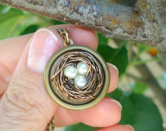Collar con colgante de nido de pájaro y nido de perlas, joyería de naturaleza, regalo para jardineros, joyería de cadena de latón, collar para mamá y hermana.